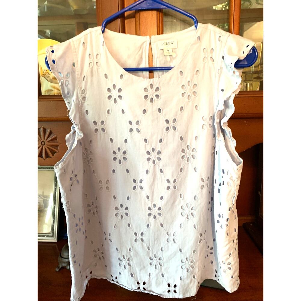 J. Crew Top Embroidered Eyelet Pattern Flutter Sleeves Lt. Blue Cropped Lined M